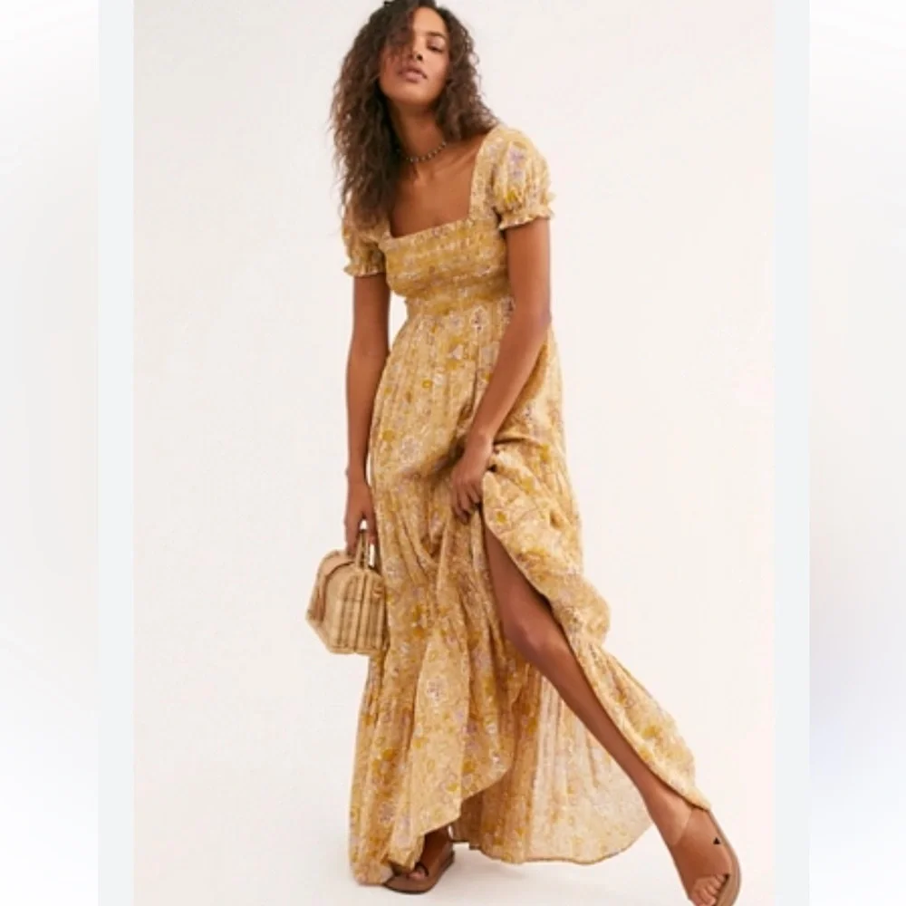 Free People getaway babydoll ruched Mustard tiered Floral Maxi Dress S